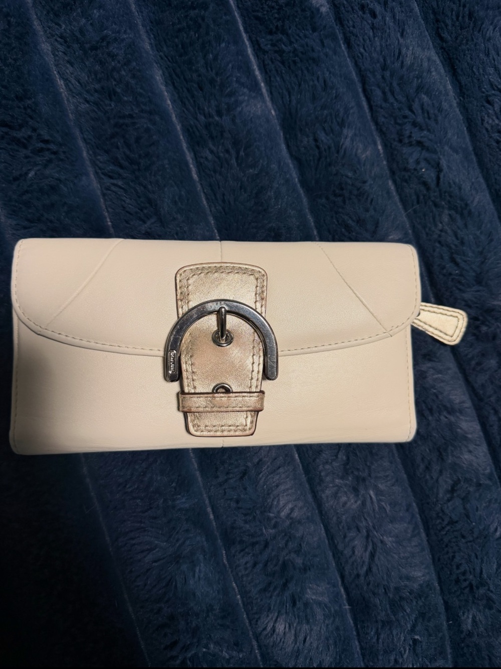 Coach Cream Leather Flap Clutch with Metallic Buckle